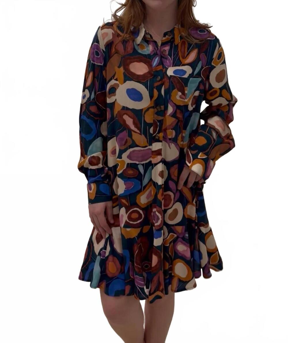 NEW IVY JANE abstract print shirtdress in navy multi
